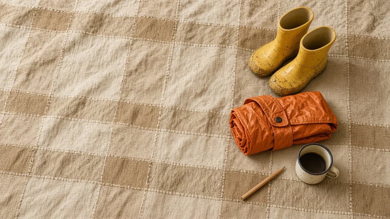 Keten örtü üzerinde sarı yağmur çizmeleri, turuncu yağmurluk ve kupa