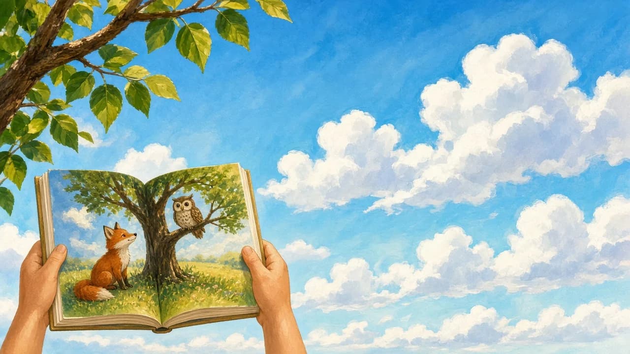 Mavi gökyüzüne karşı tutulan, tilki ve baykuş resimli açık bir kitap